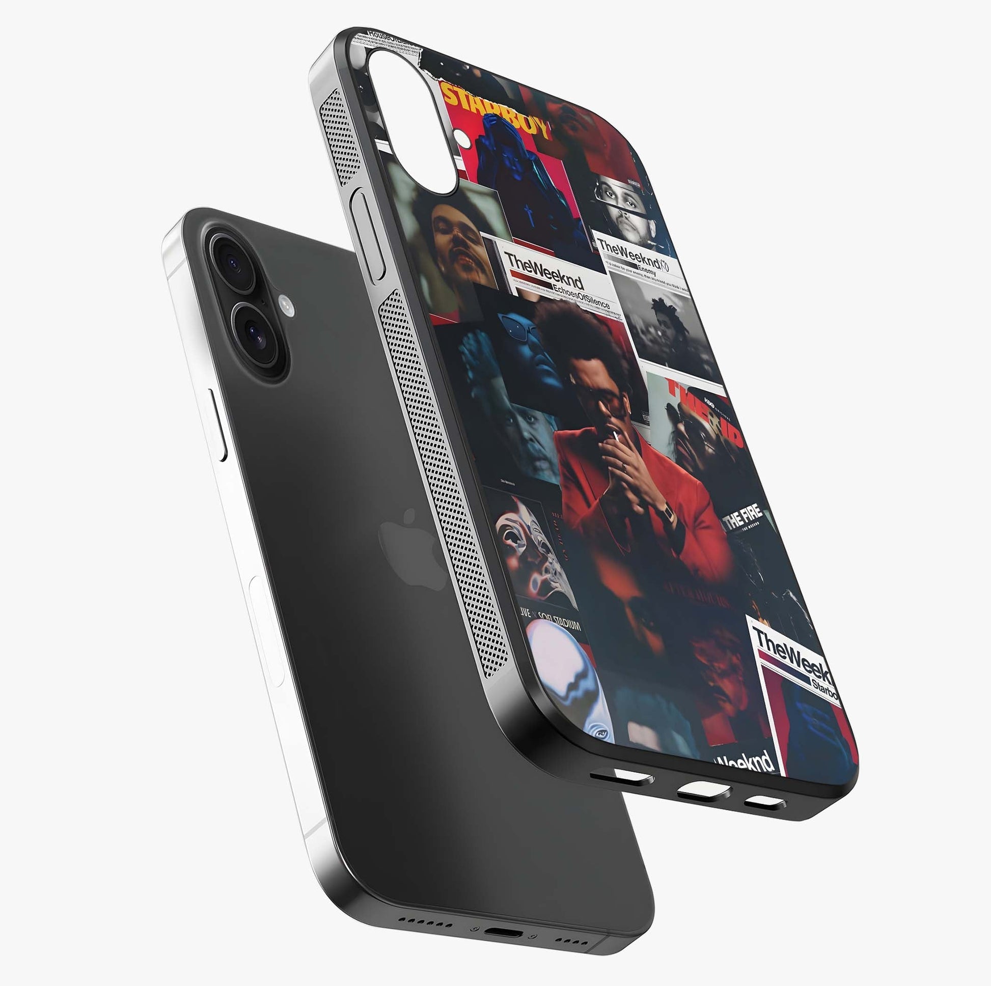The Weeknd Glass Case laid diagonally highlighting side profile, edges and glossy glass shine.