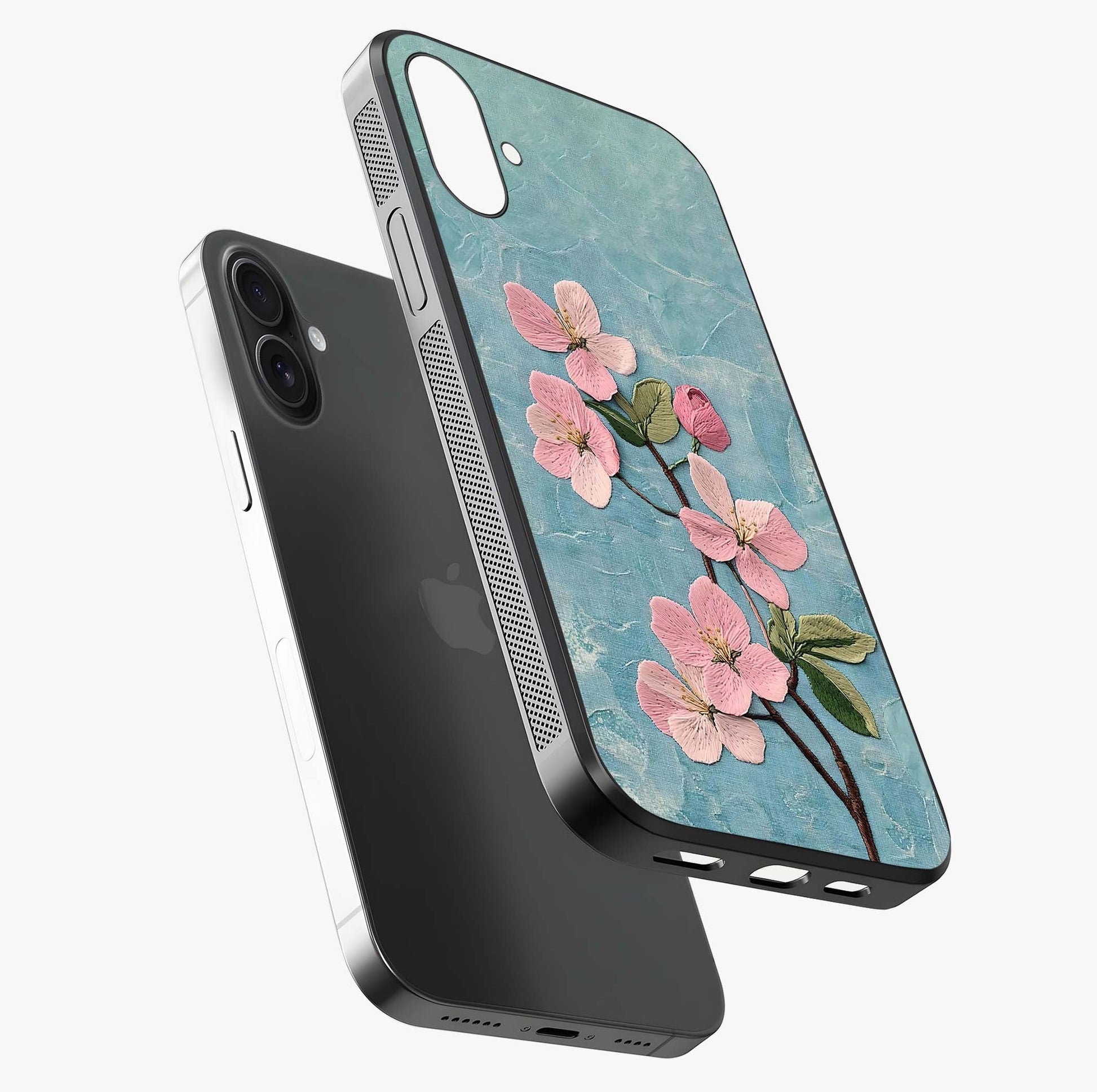 Threaded Blossom Breeze Glass Case laid diagonally highlighting side profile, edges and glossy glass shine.