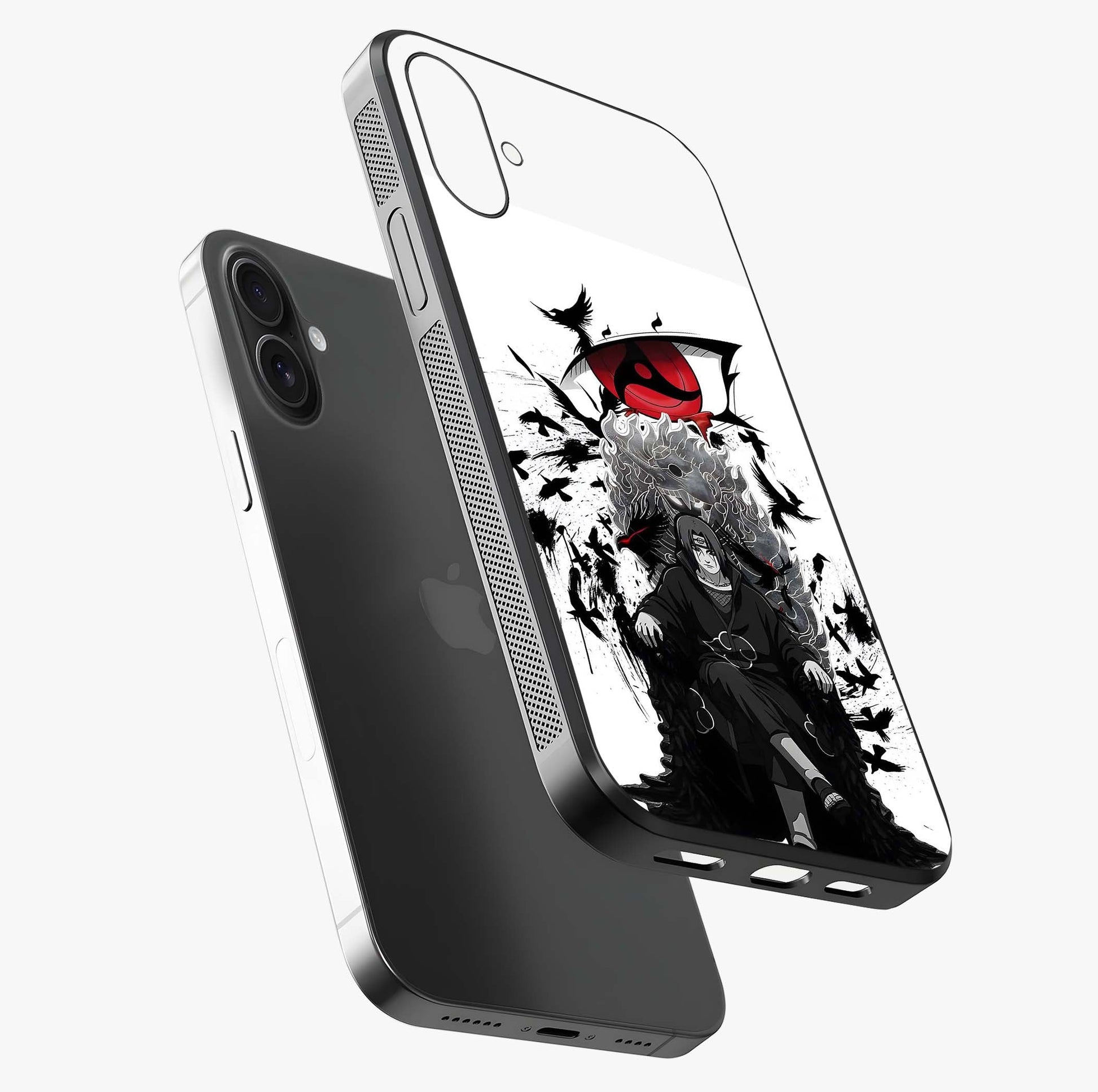Uchiha Shadow Throne Glass Case laid diagonally highlighting side profile, edges and glossy glass shine.