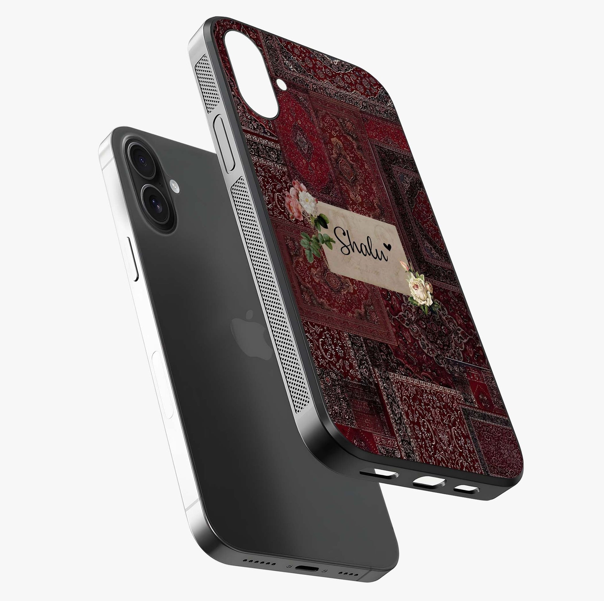 Velvet Wine Pattern Custom Name Glass Case laid diagonally highlighting side profile, edges and glossy glass shine.