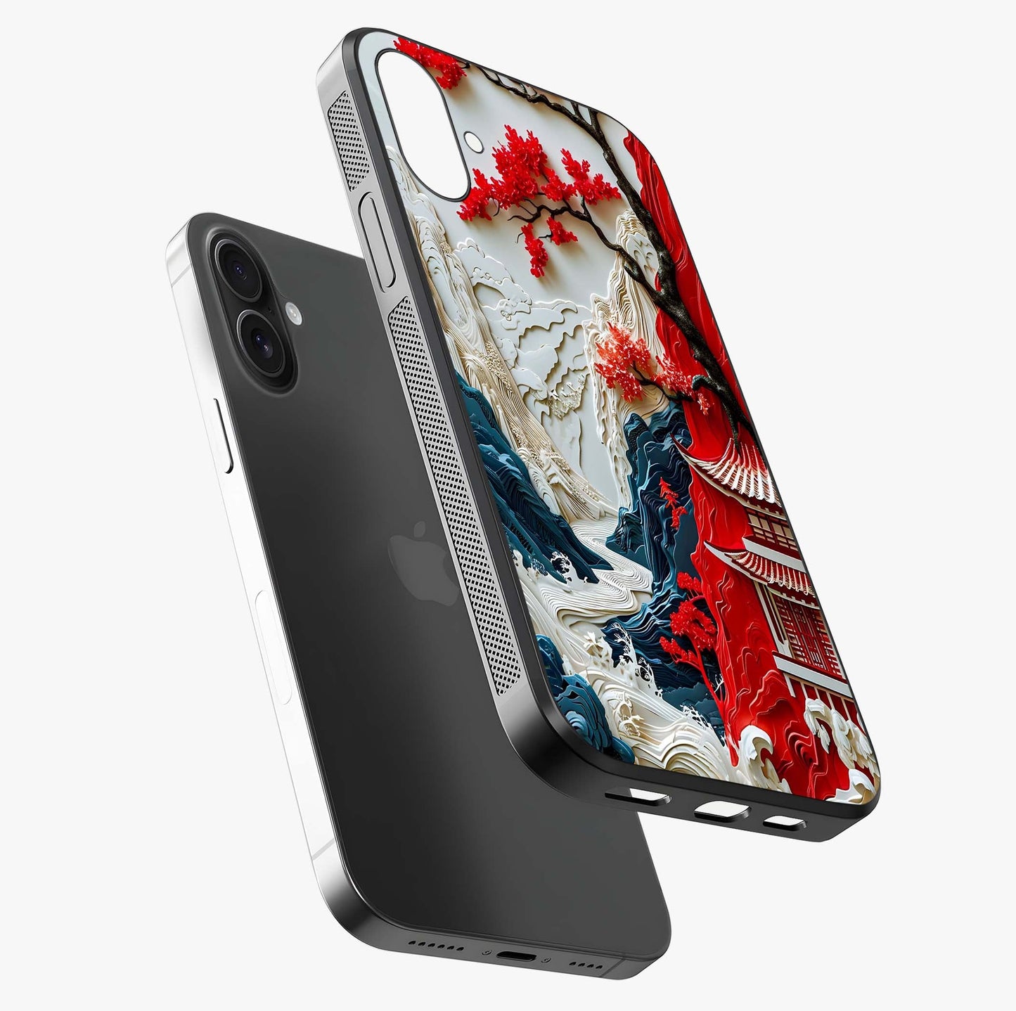 Whispers Of Sakura Waves Glass Case laid diagonally highlighting side profile, edges and glossy glass shine.