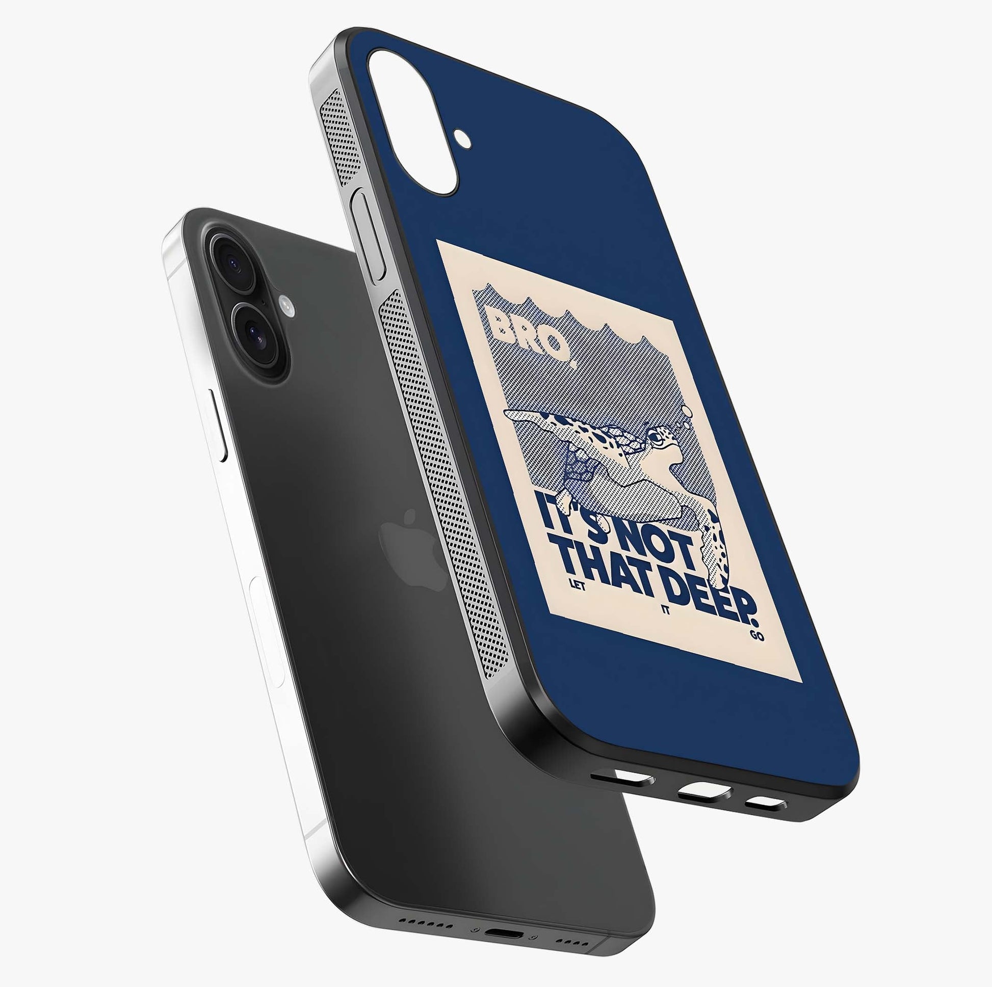 Worry Less Swim Glass Case laid diagonally highlighting side profile, edges and glossy glass shine.