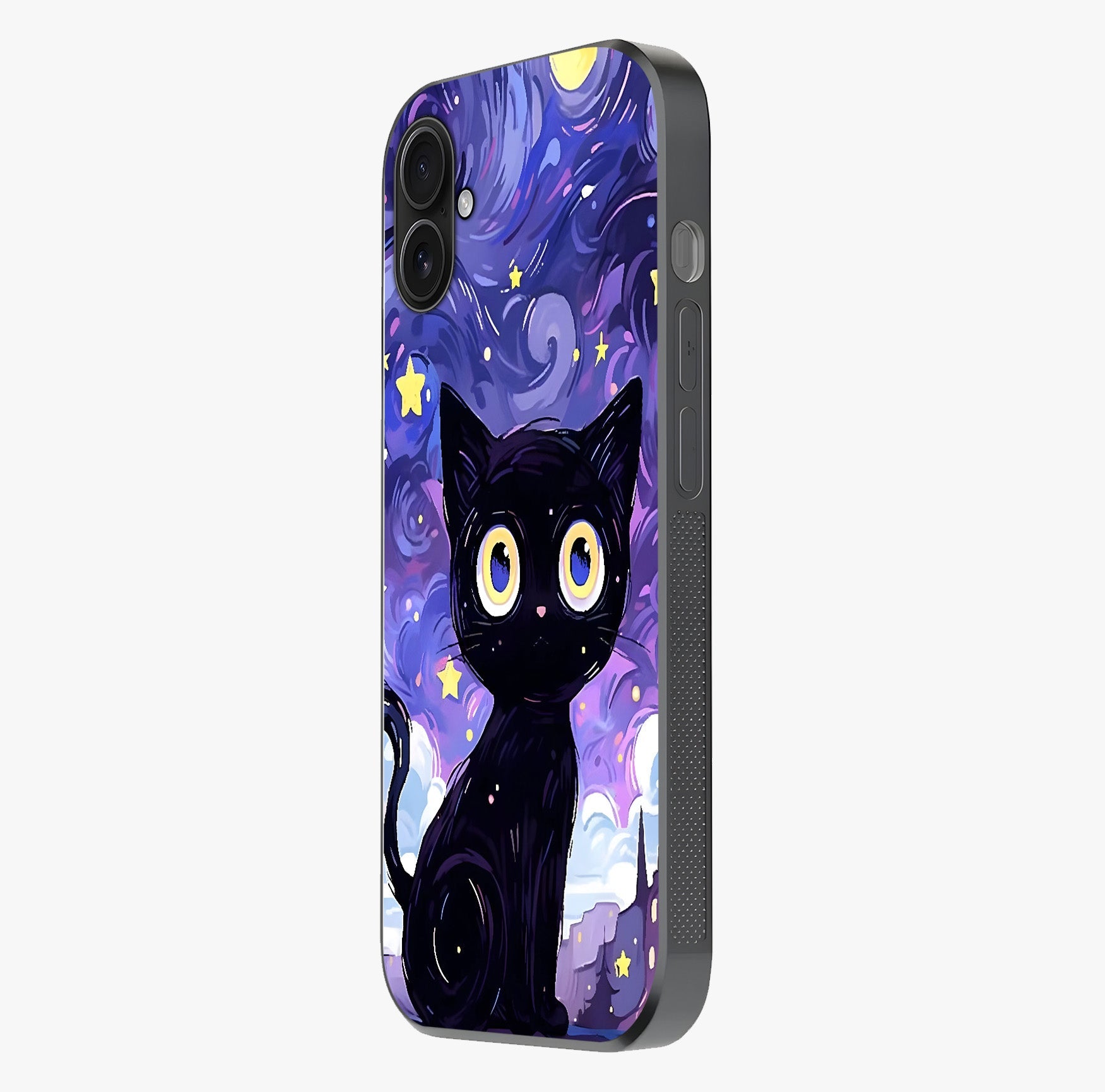 Abstract Cat Art Glass Case photographed in natural light showing reflective finish and design depth.