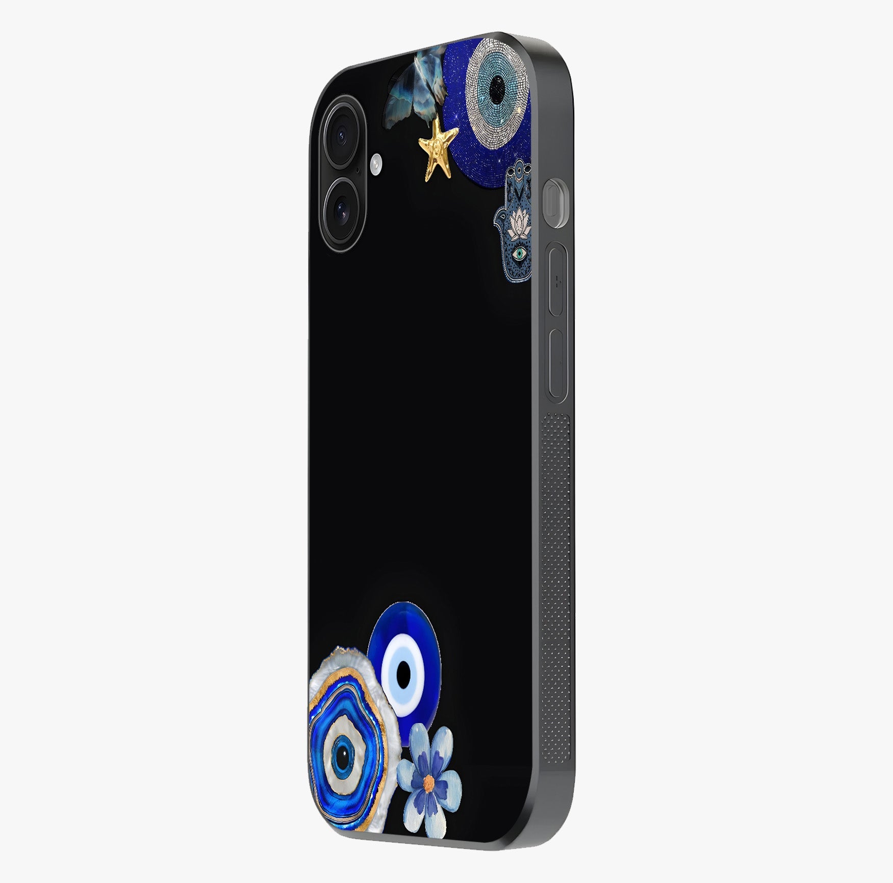 Aesthetic Blue Evil Eye Glass Case photographed in natural light showing reflective finish and design depth.