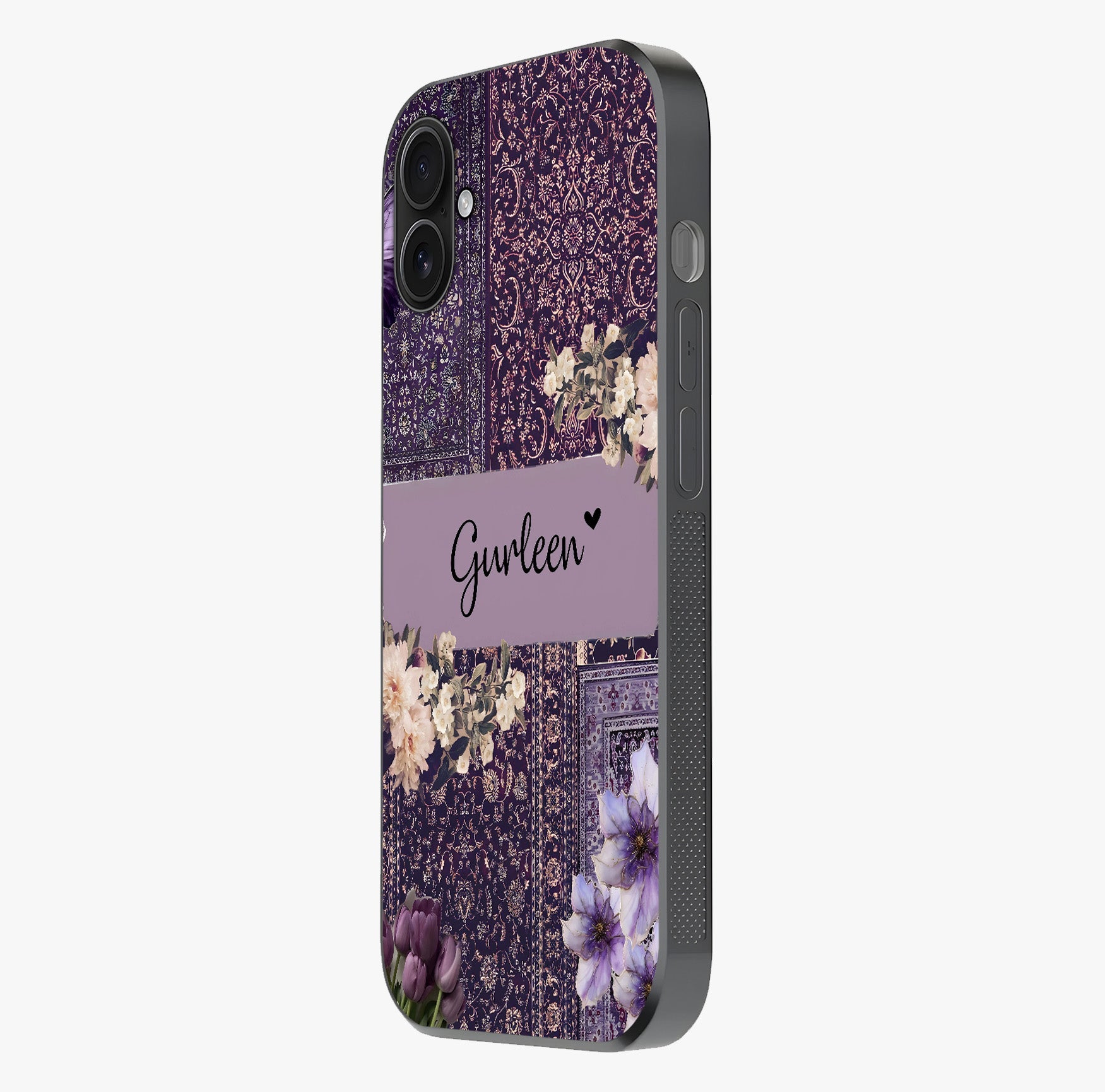 Antique Floral Whisper Custom Name Glass Case photographed in natural light showing reflective finish and design depth.