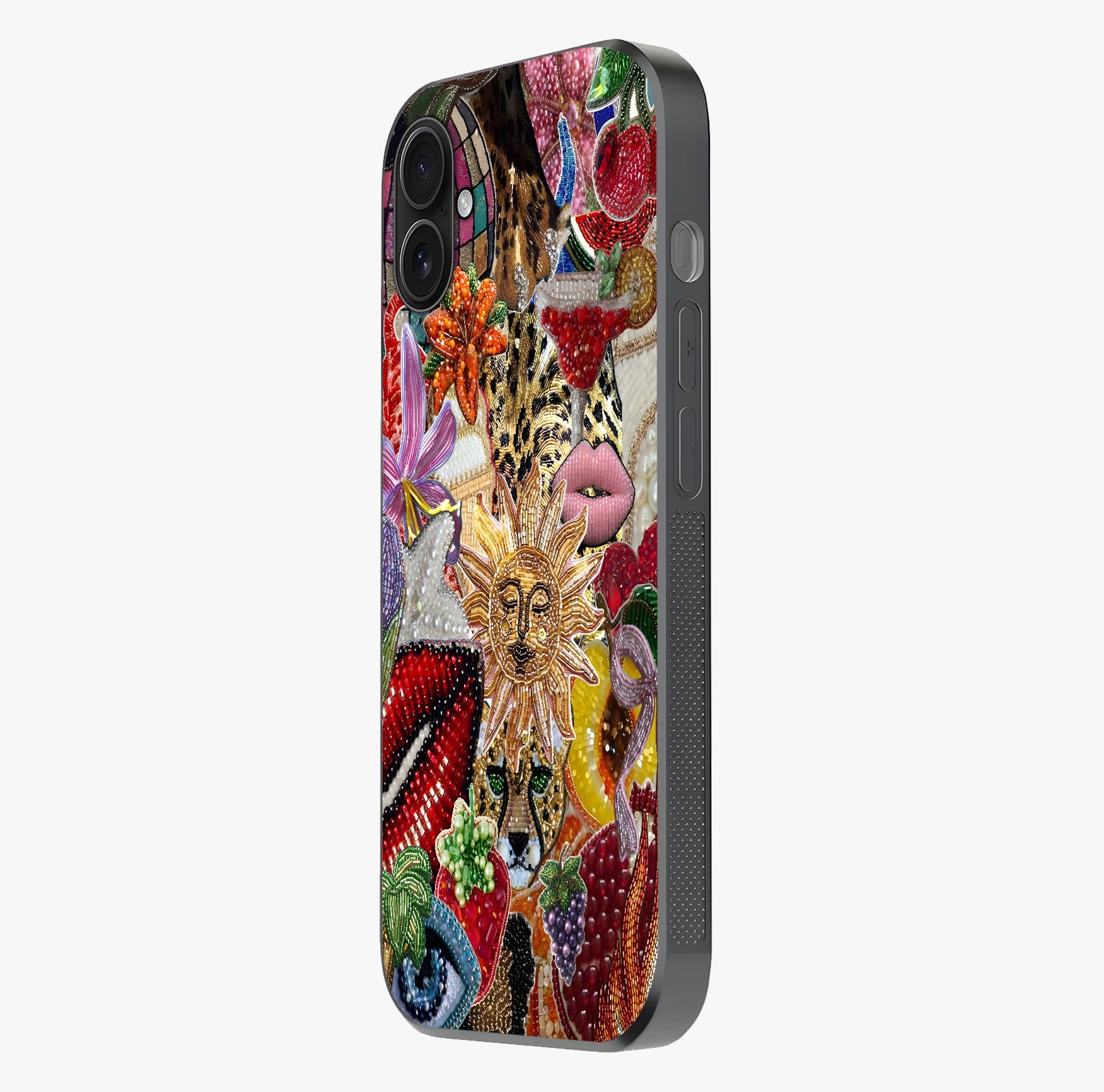 Beaded Fashion Jungle Glass Case photographed in natural light showing reflective finish and design depth.
