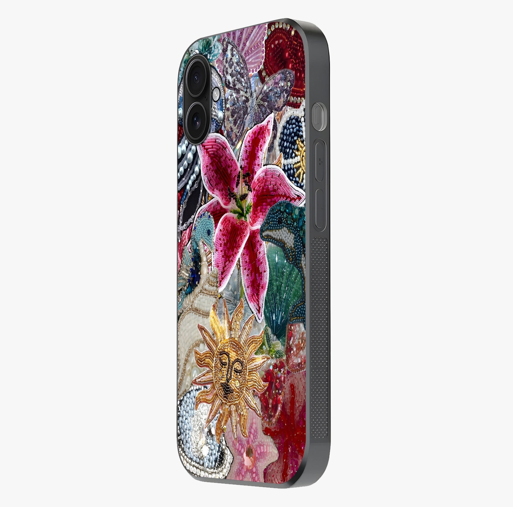 Beaded Garden Fantasy Glass Case photographed in natural light showing reflective finish and design depth.