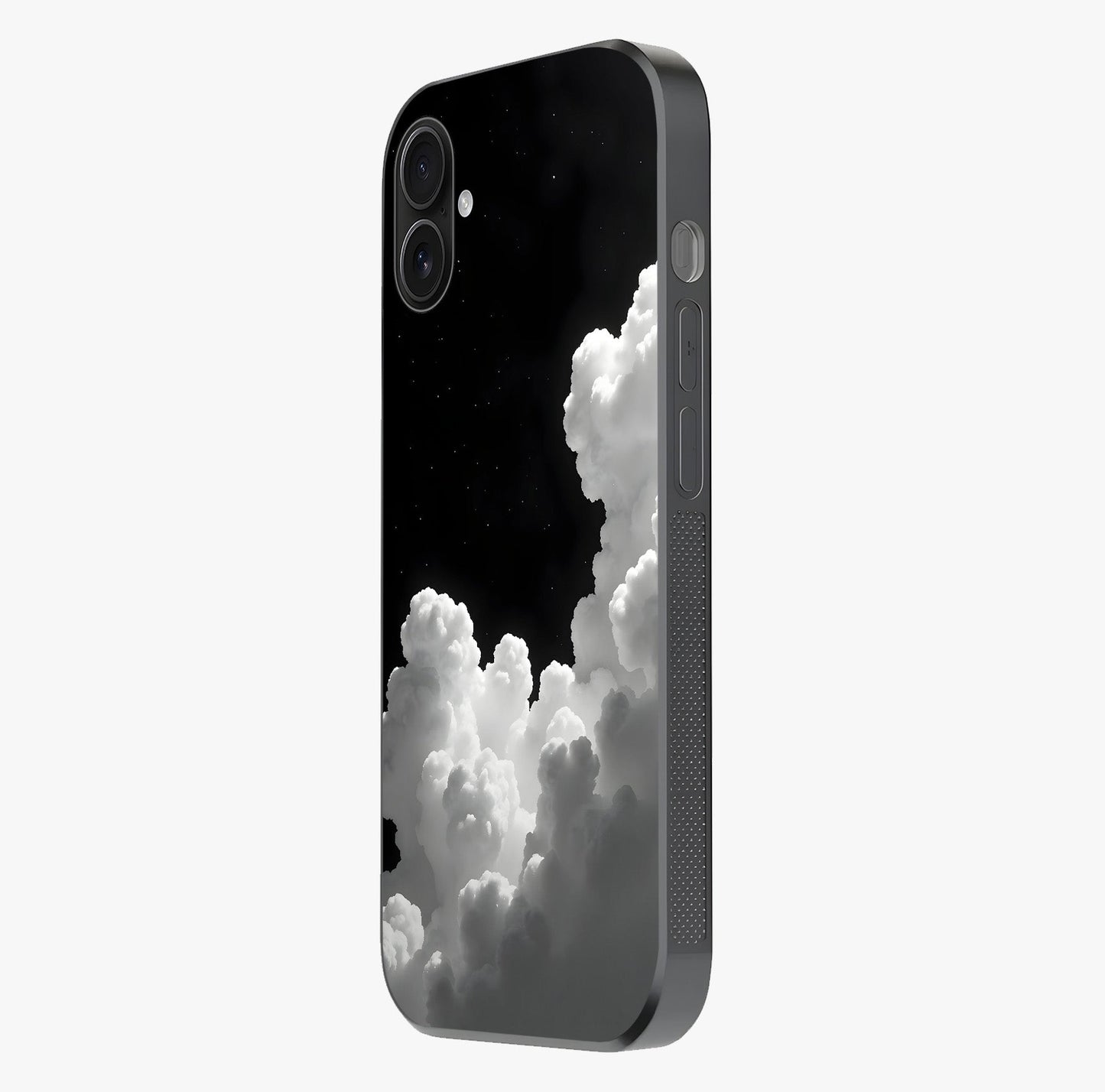 Black Background With White Cloud Glass Case photographed in natural light showing reflective finish and design depth.