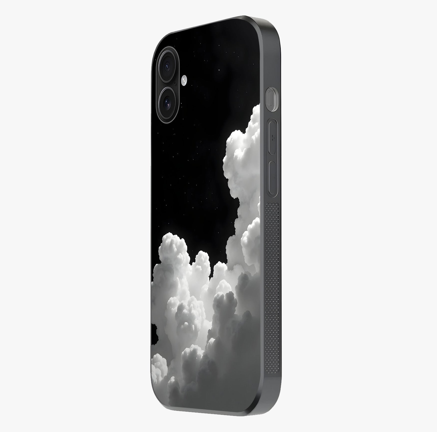 Black Background With White Cloud Glass Case photographed in natural light showing reflective finish and design depth.
