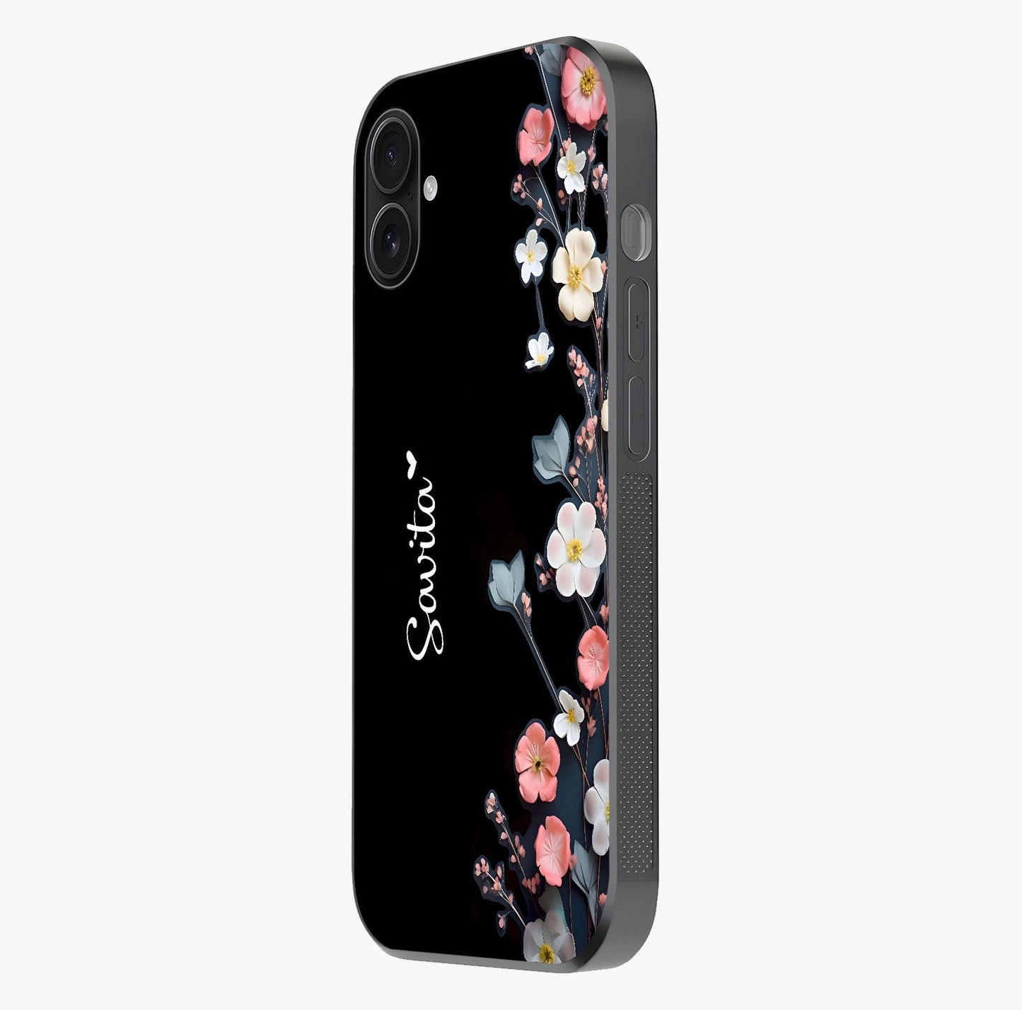 Black Elegance Floral Custom Name Glass Case photographed in natural light showing reflective finish and design depth.