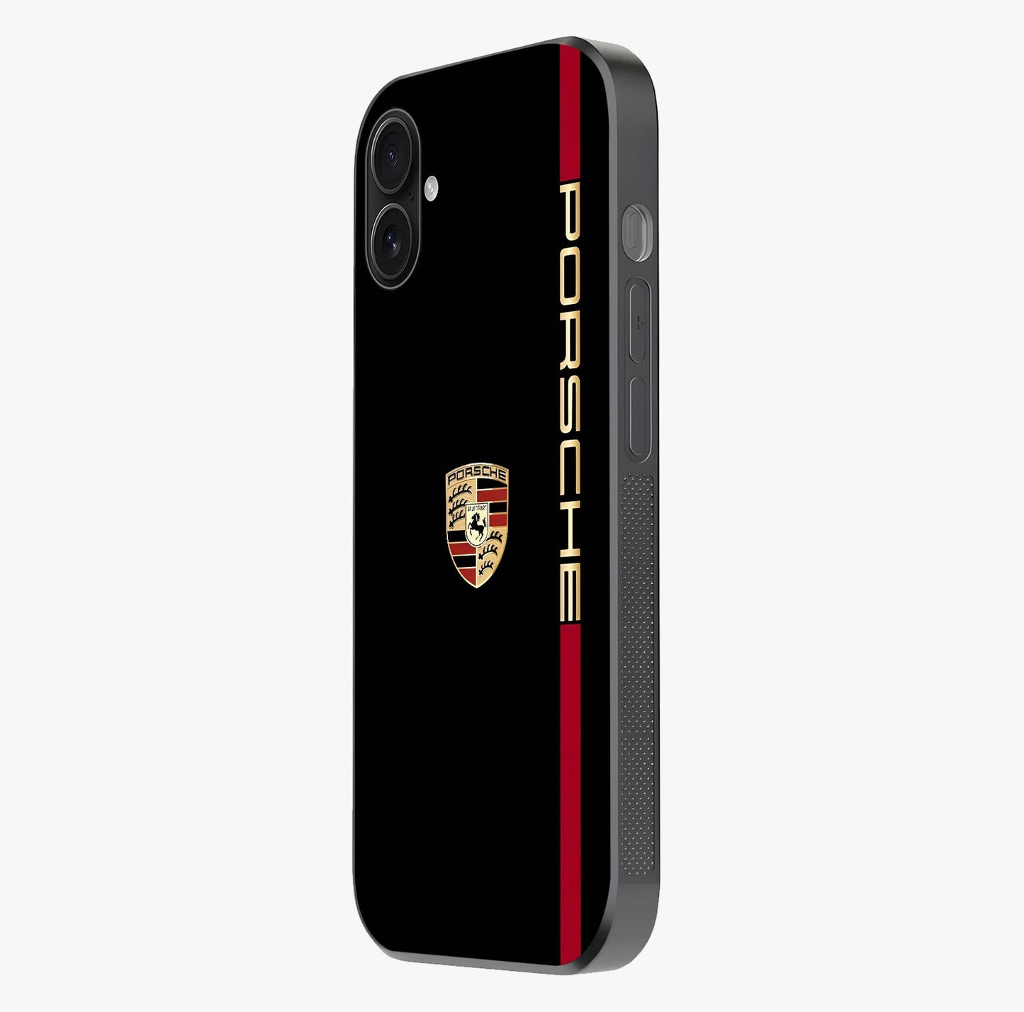 Black Minimal Porsche Glass Case photographed in natural light showing reflective finish and design depth.