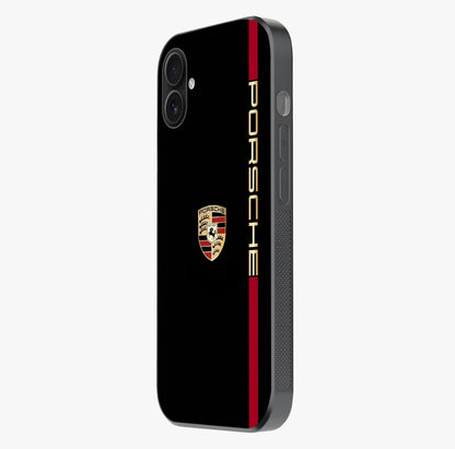 Black Minimal Porsche Glass Case photographed in natural light showing reflective finish and design depth.