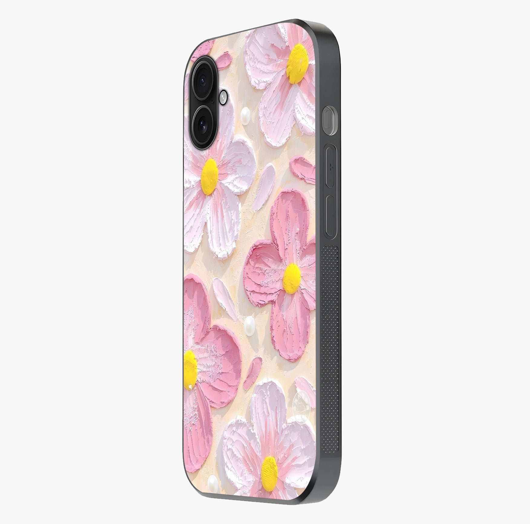 Blush Bloom Texture Glass Case photographed in natural light showing reflective finish and design depth.