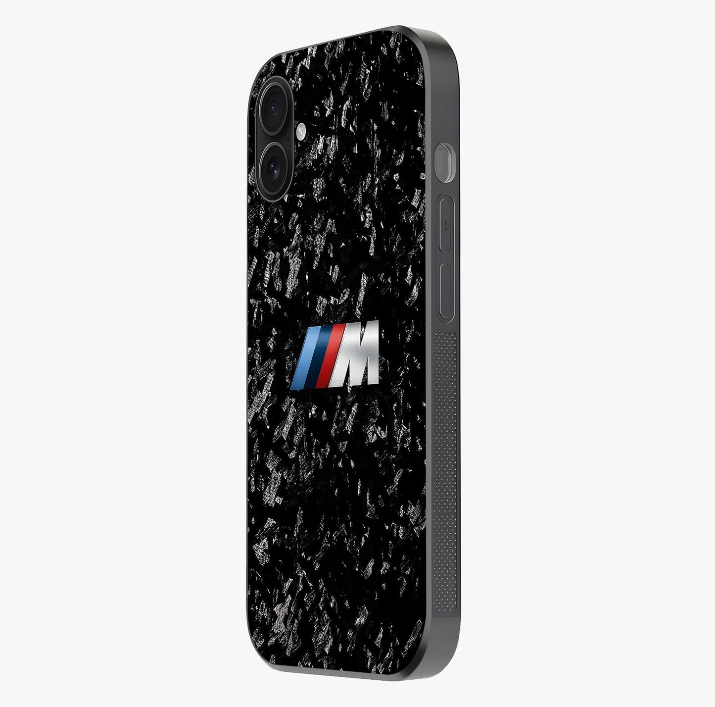 Carbon Speed Mark Glass Case photographed in natural light showing reflective finish and design depth.