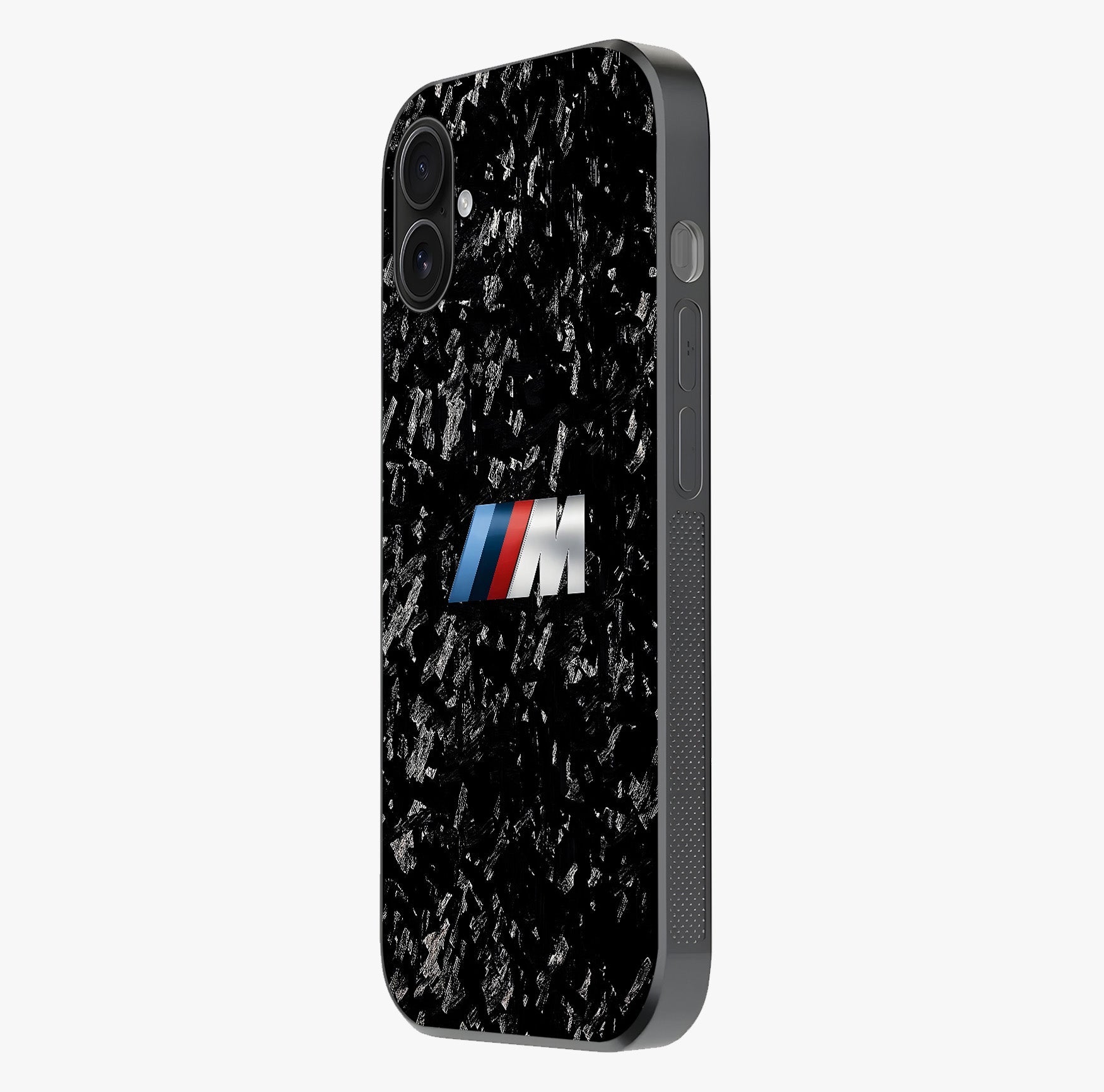 Carbon Speed Mark Glass Case photographed in natural light showing reflective finish and design depth.