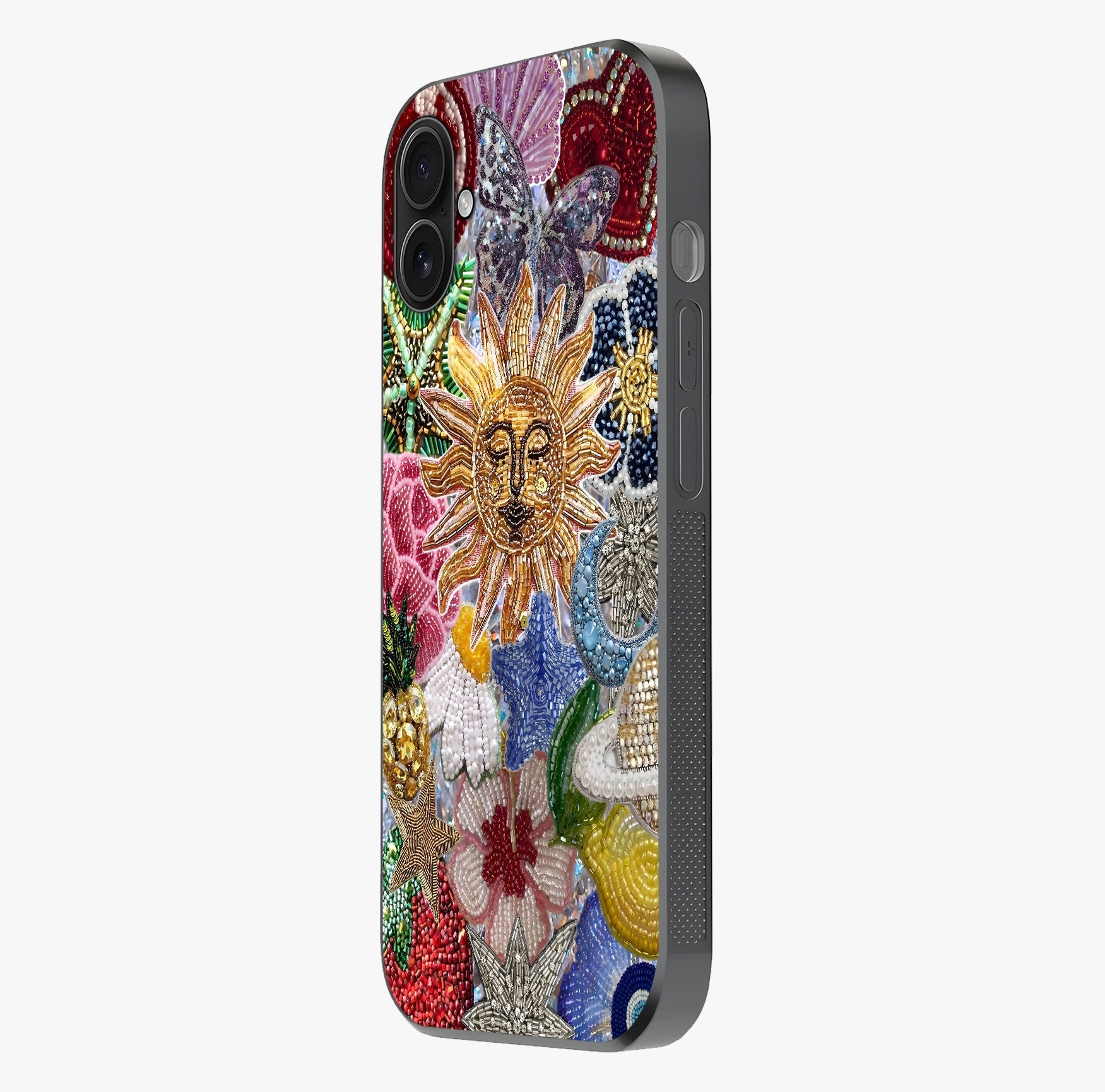Celestial Floral And Playful Glass Case photographed in natural light showing reflective finish and design depth.