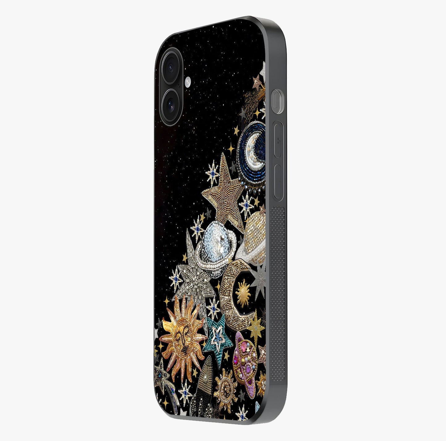 Cosmic Sparkle Dreams Glass Case photographed in natural light showing reflective finish and design depth.
