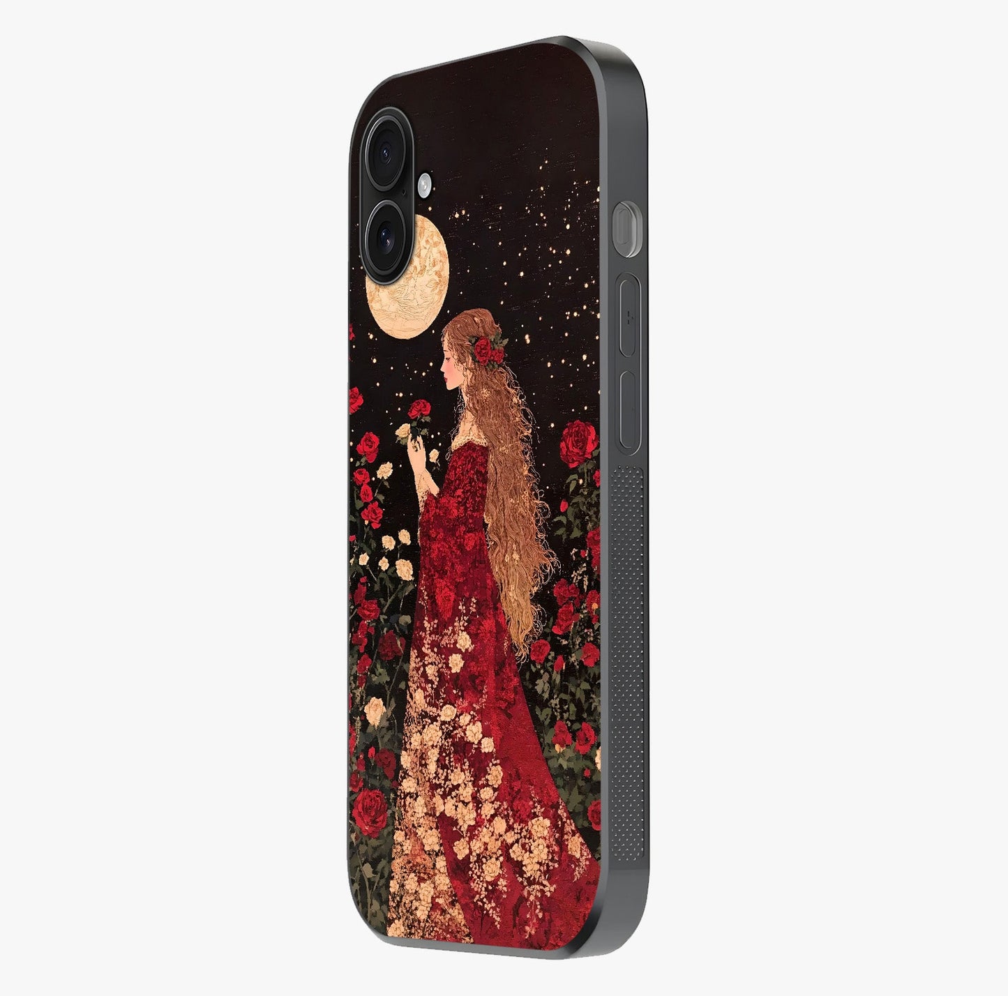 Crimson Dreams Glass Case photographed in natural light showing reflective finish and design depth.