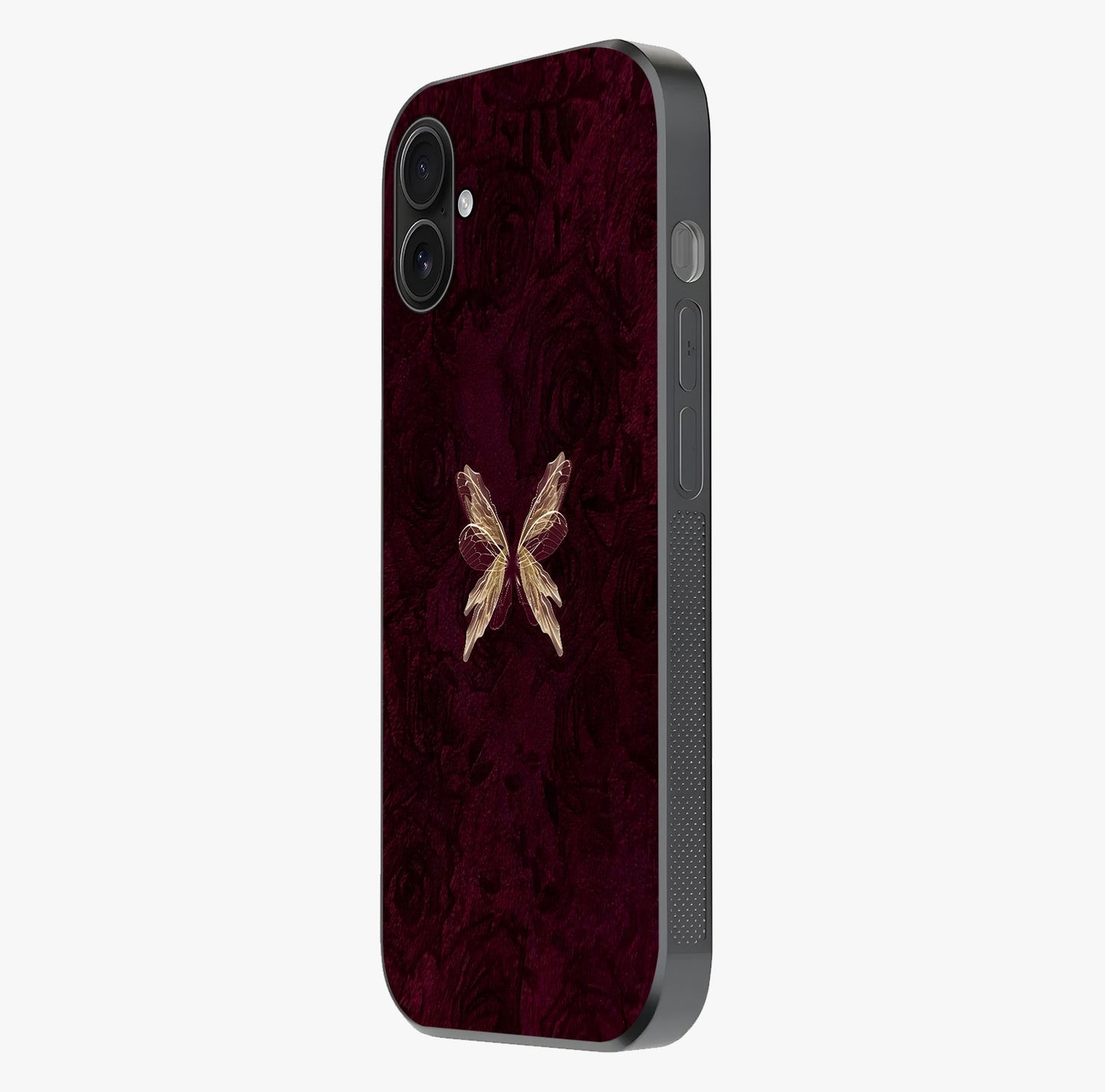 Crimson Fade Butterfly Glass Case photographed in natural light showing reflective finish and design depth.
