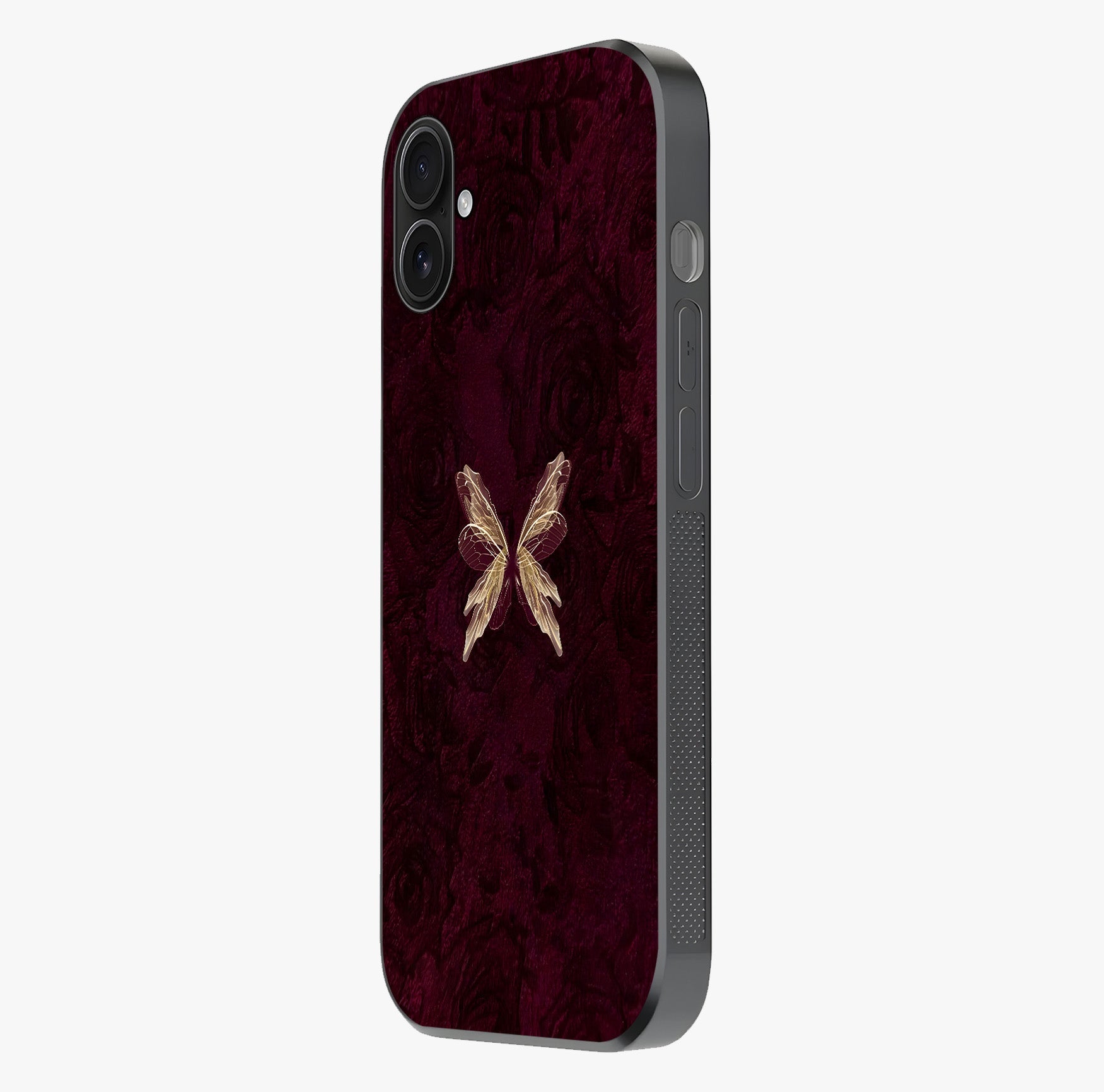 Crimson Fade Butterfly Glass Case photographed in natural light showing reflective finish and design depth.