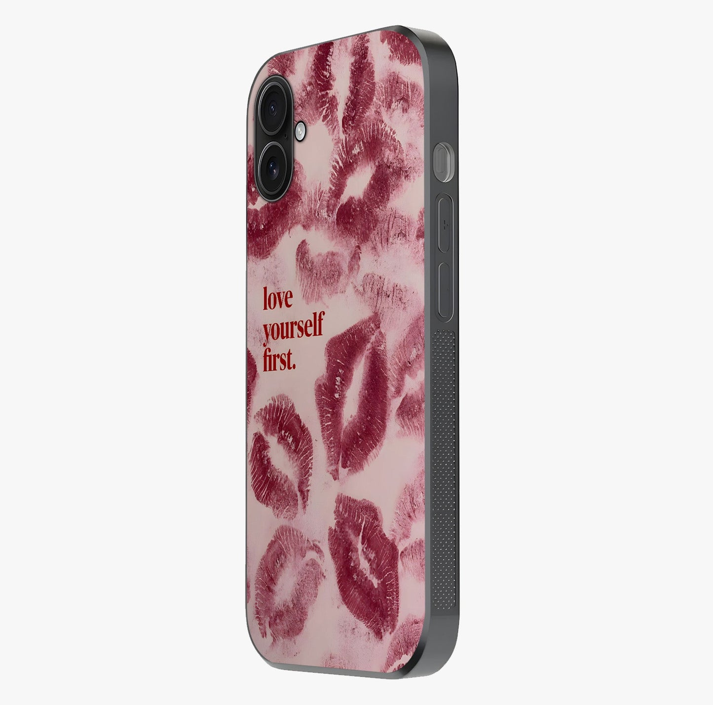 Crimson Kiss Love Glass Case photographed in natural light showing reflective finish and design depth.