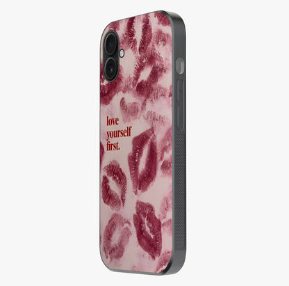 Crimson Kiss Love Glass Case photographed in natural light showing reflective finish and design depth.