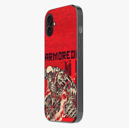 Crimson Mecha Titan Glass Case photographed in natural light showing reflective finish and design depth.