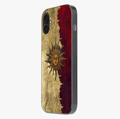 Crimson Sun Majesty Glass Case photographed in natural light showing reflective finish and design depth.