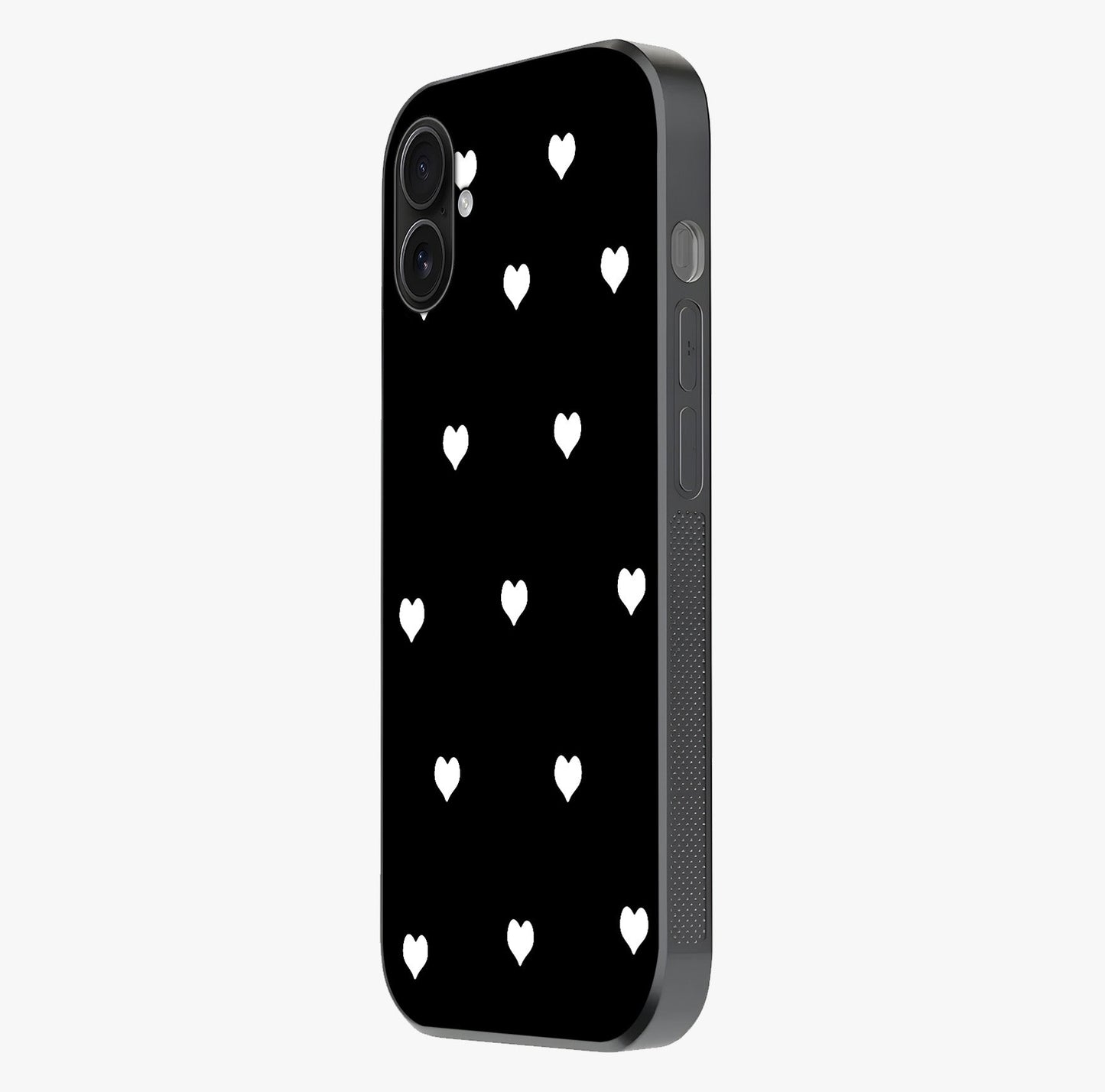 Cute And Simple White Hearts Glass Case photographed in natural light showing reflective finish and design depth.