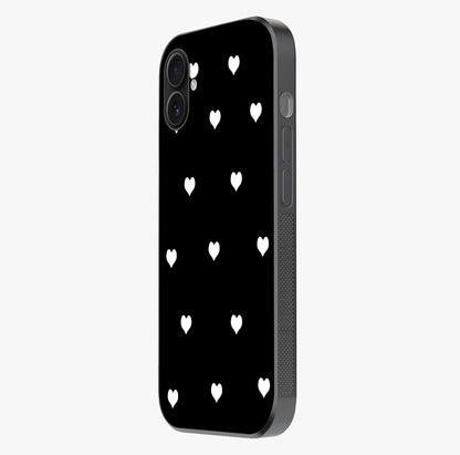 Cute And Simple White Hearts Glass Case photographed in natural light showing reflective finish and design depth.