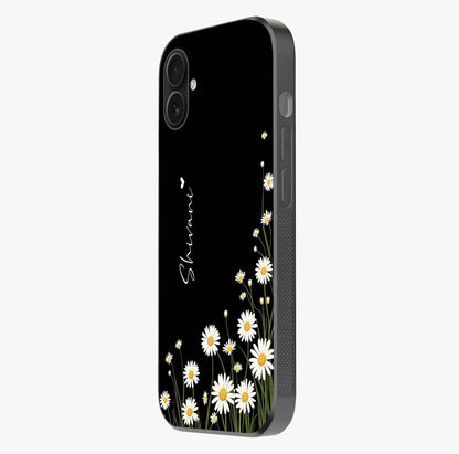 Daisy Cascade Custom Name Glass Case photographed in natural light showing reflective finish and design depth.