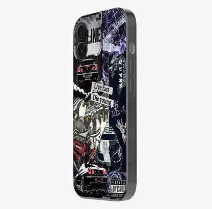 Die Young Glass Case photographed in natural light showing reflective finish and design depth.