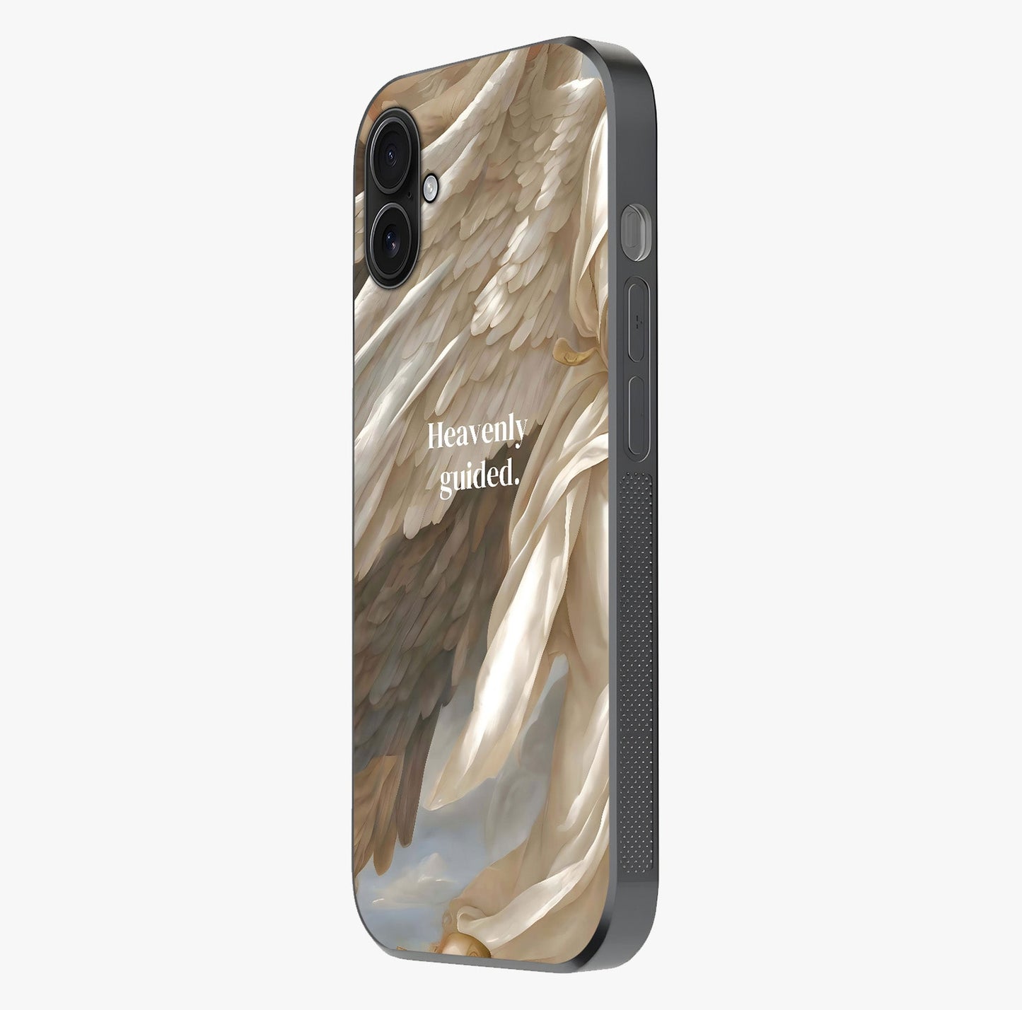 Divine Winged Grace Glass Case photographed in natural light showing reflective finish and design depth.