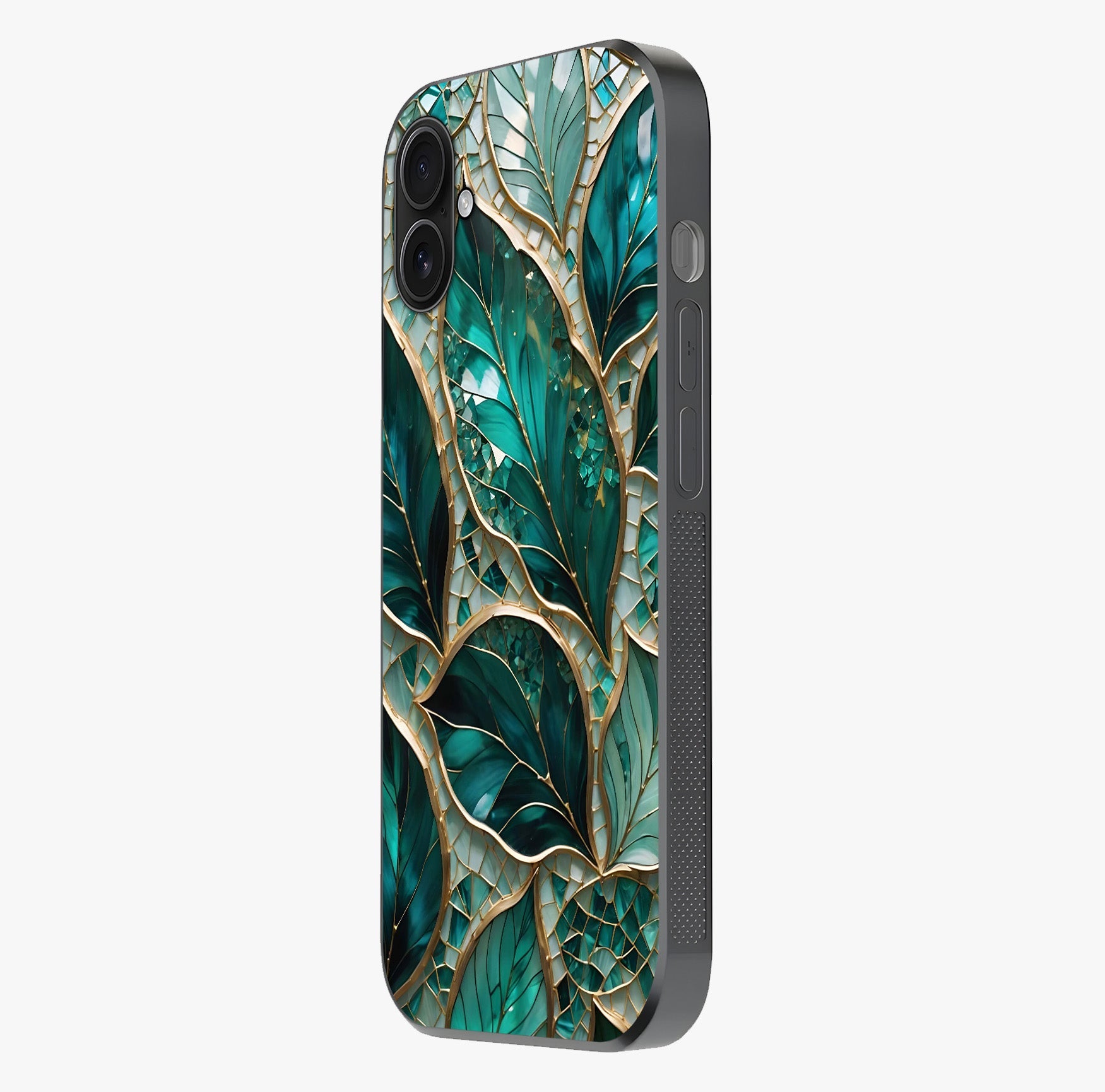 Emerald Leaf Glass Glass Case photographed in natural light showing reflective finish and design depth.