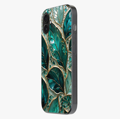 Emerald Leaf Glass Glass Case photographed in natural light showing reflective finish and design depth.