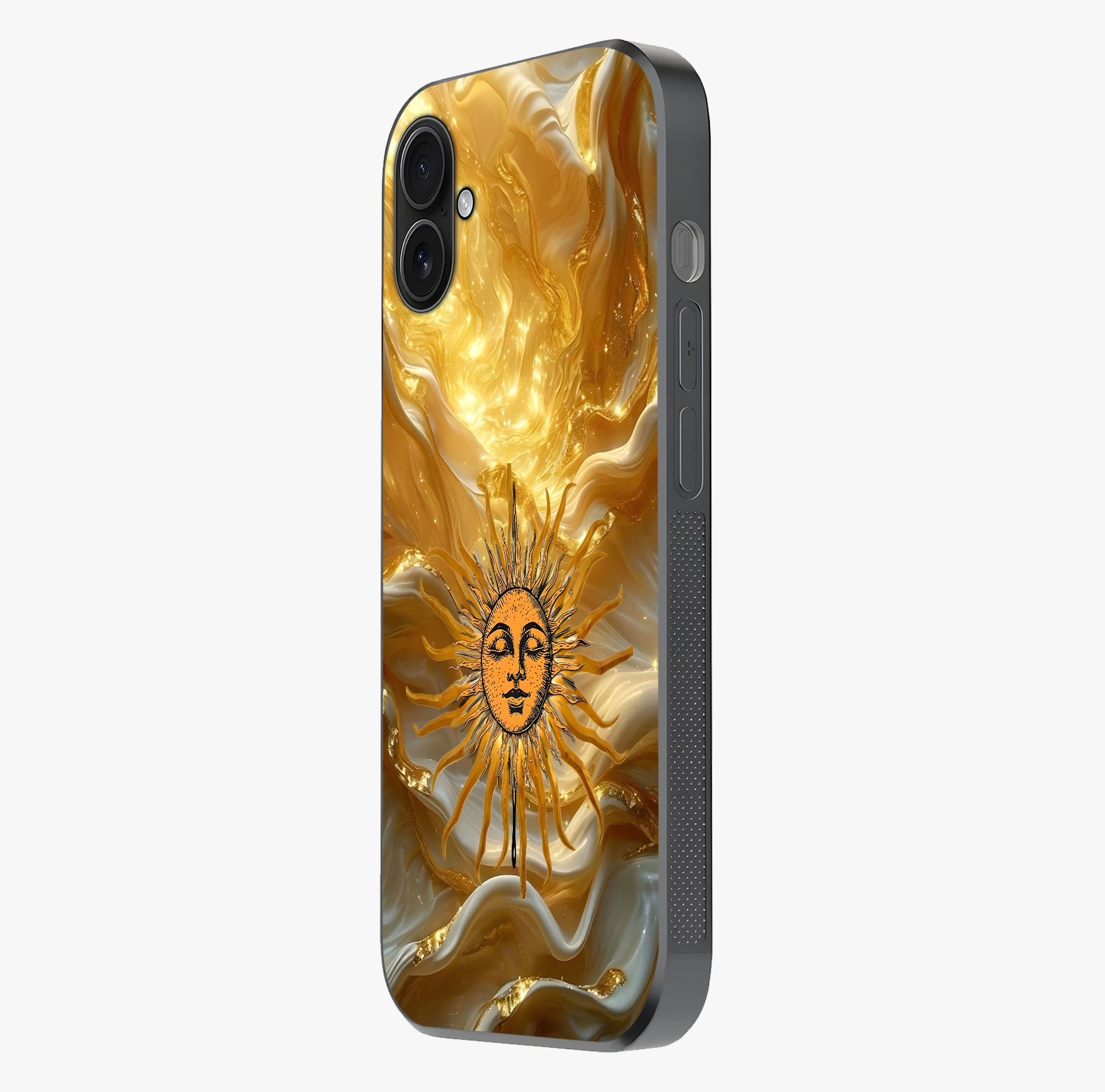 Eternal Golden Glow Glass Case photographed in natural light showing reflective finish and design depth.