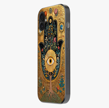 Ethereal Evil Eye Glass Case photographed in natural light showing reflective finish and design depth.