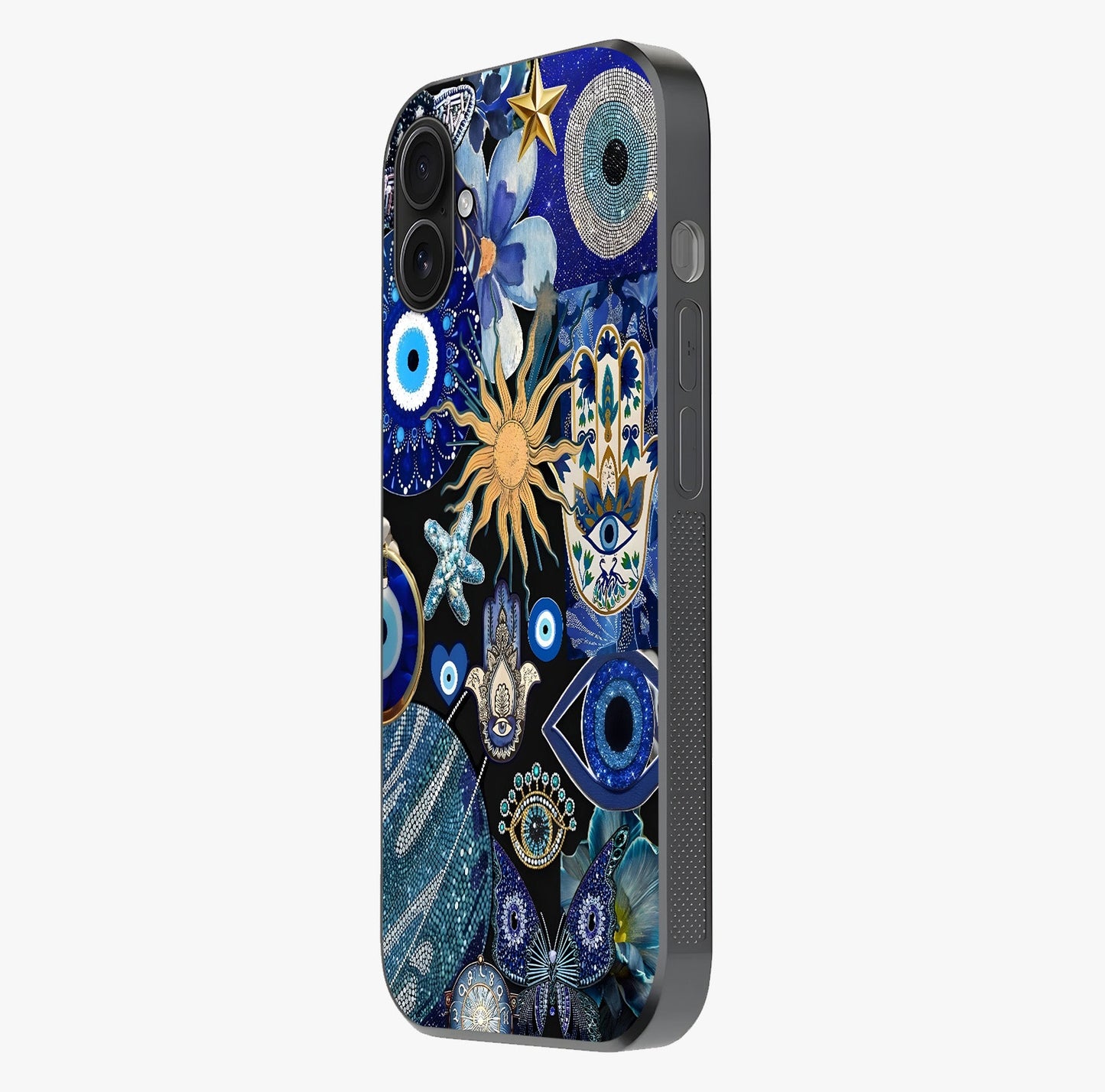 Evil Eye Charm Mix Glass Case photographed in natural light showing reflective finish and design depth.