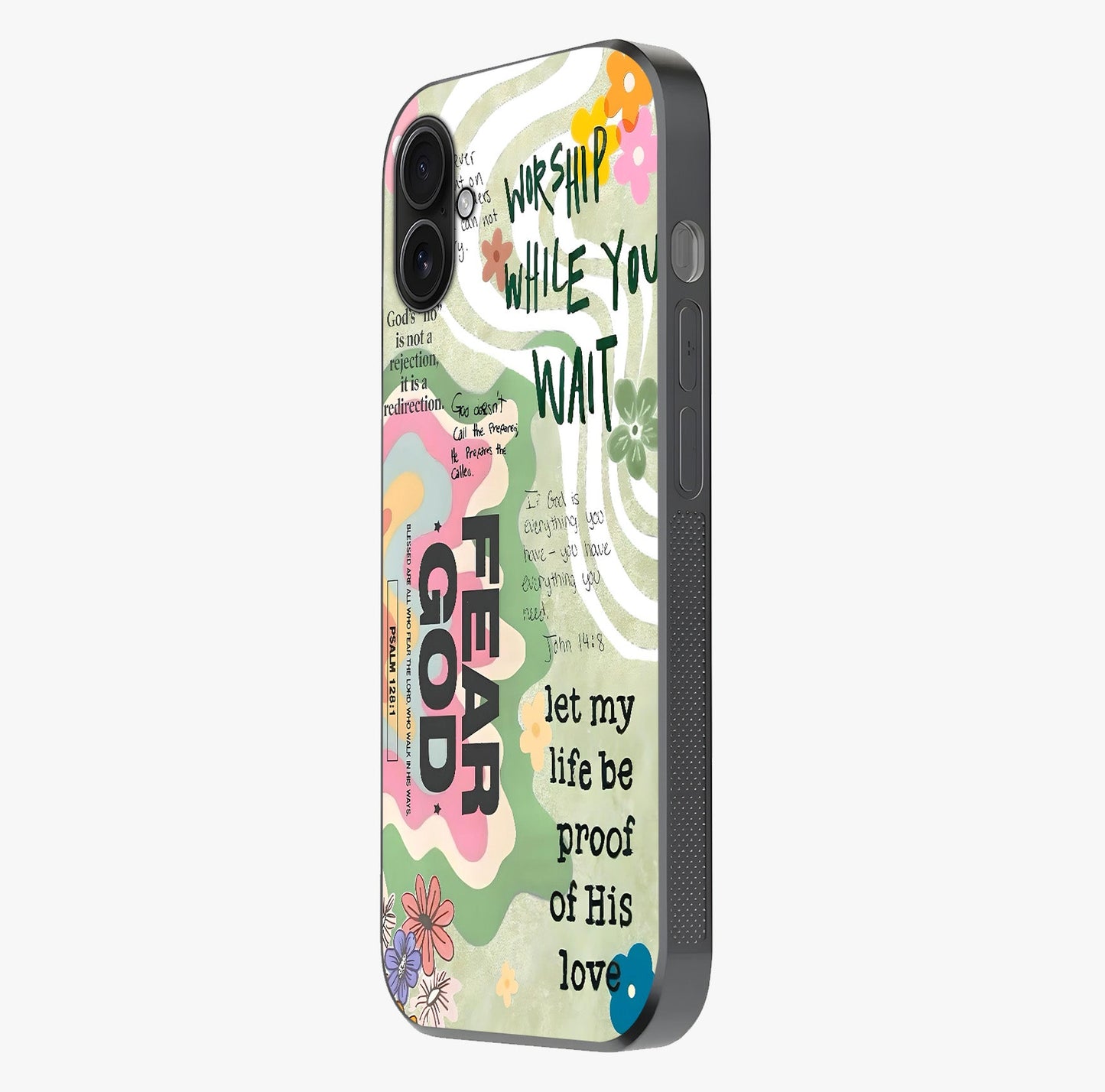 Faith Over Fear Glass Case photographed in natural light showing reflective finish and design depth.