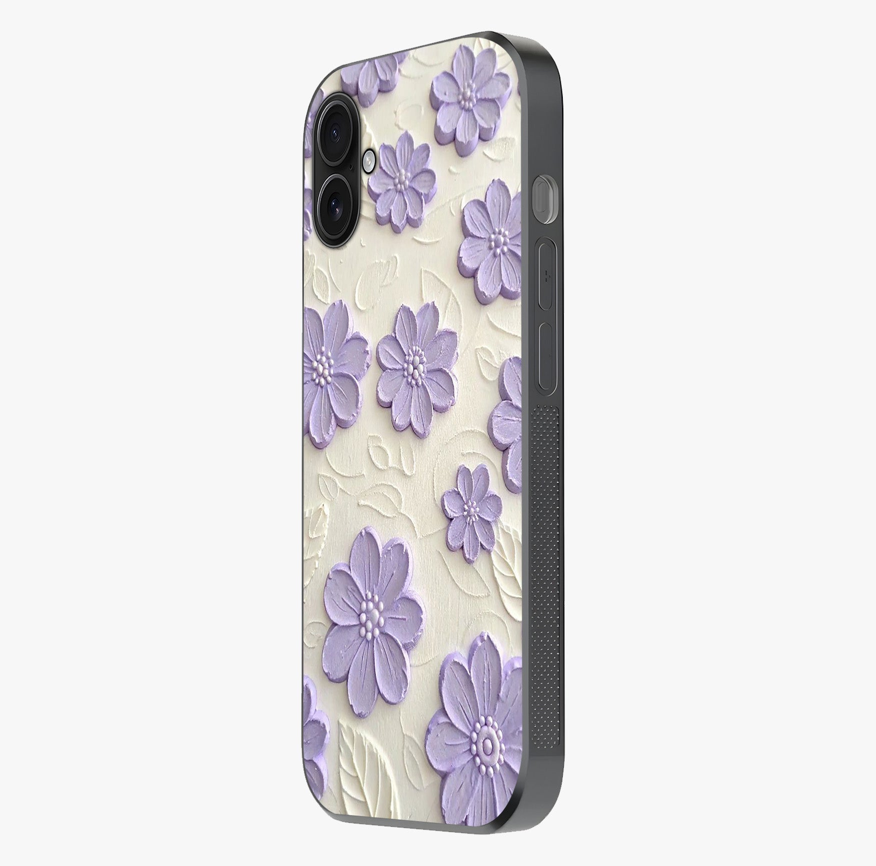 Floral Wall Art With Purple Flowers Glass Case photographed in natural light showing reflective finish and design depth.