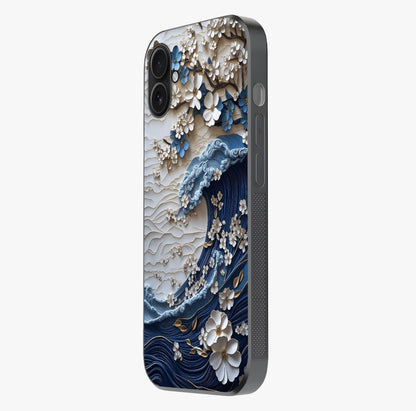 Floral Wave Origami Glass Case photographed in natural light showing reflective finish and design depth.