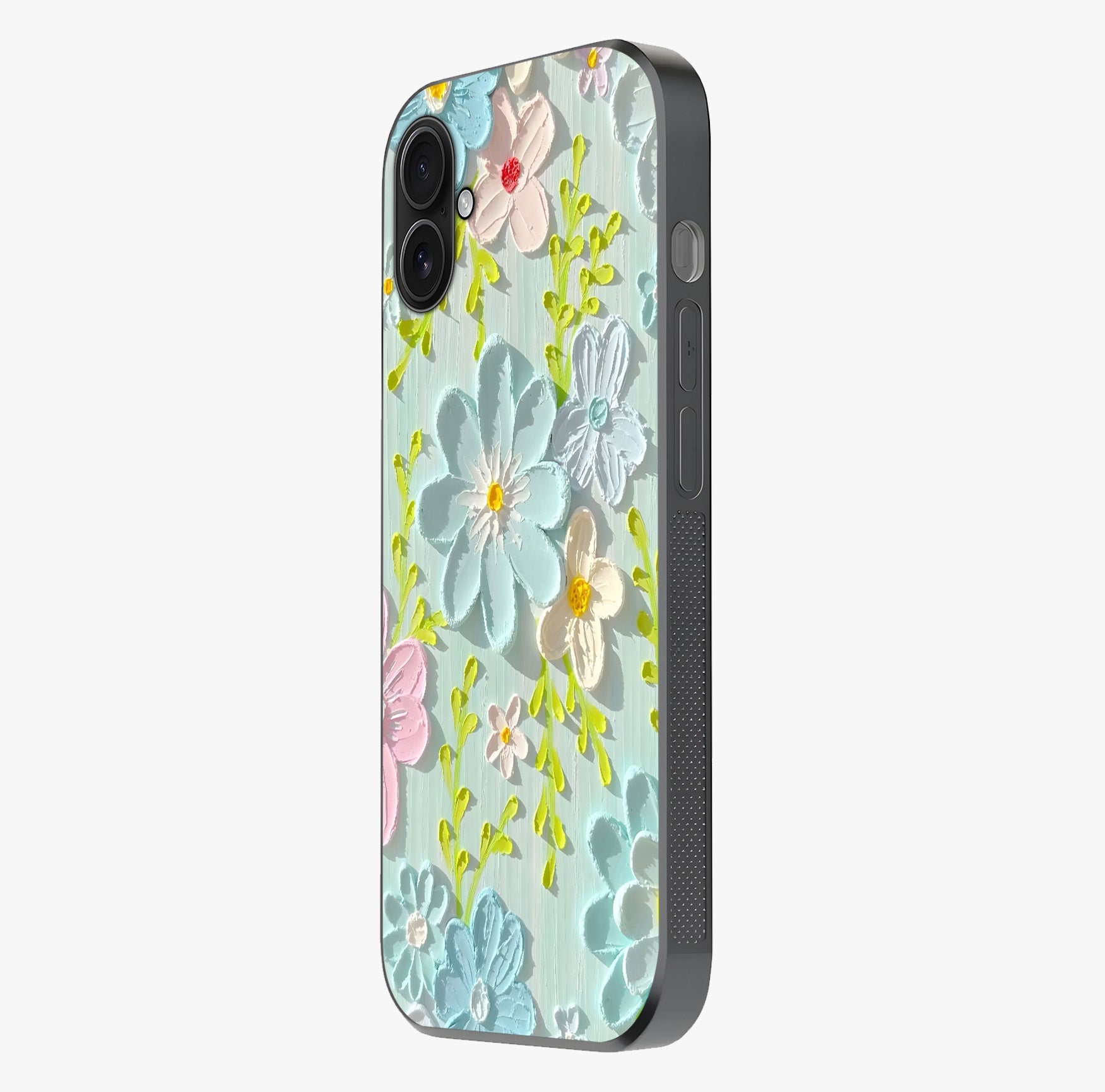 Frosted Petal Garden Glass Case photographed in natural light showing reflective finish and design depth.