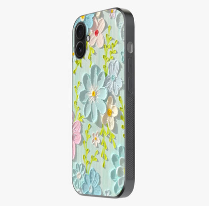 Frosted Petal Garden Glass Case photographed in natural light showing reflective finish and design depth.