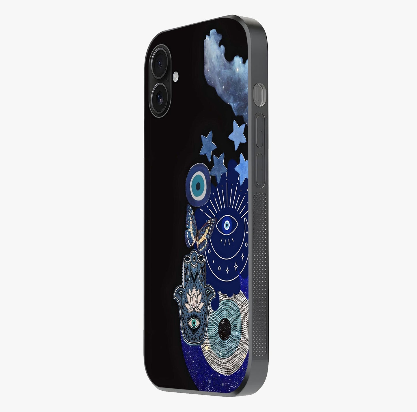 Galactic Charm Cluster Glass Case photographed in natural light showing reflective finish and design depth.