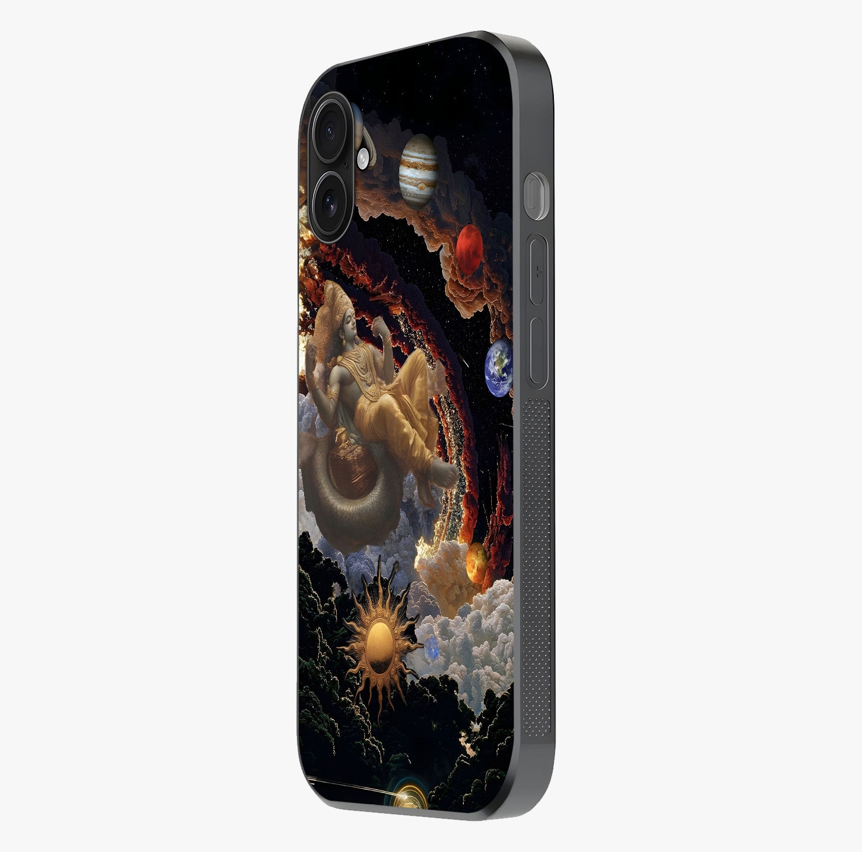 Galactic Divine God Glass Case photographed in natural light showing reflective finish and design depth.