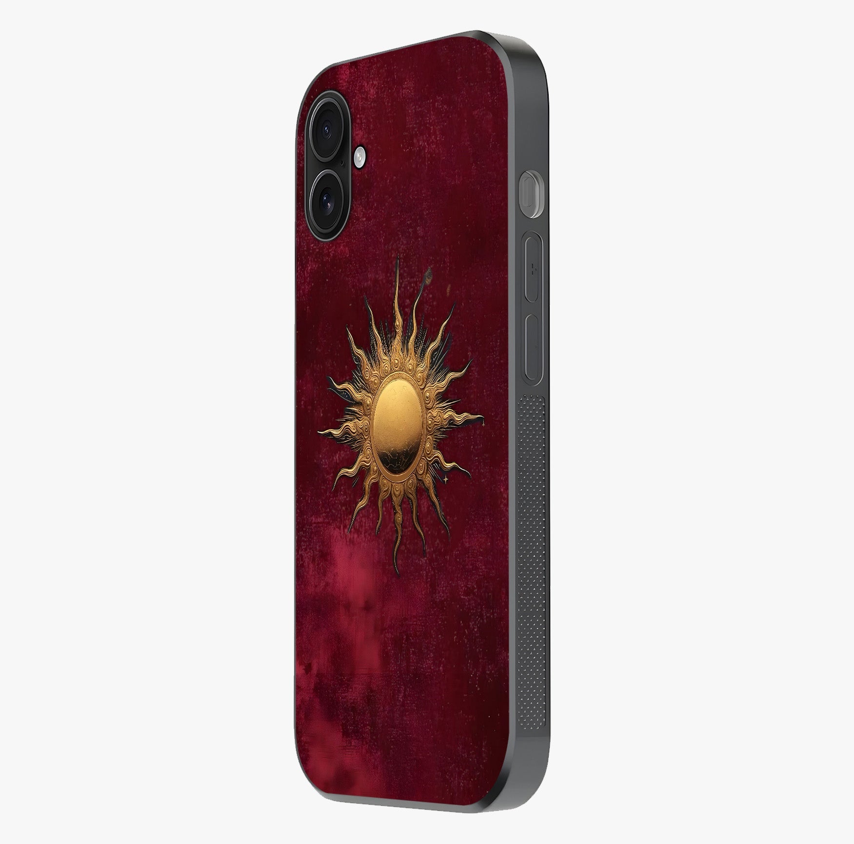 Gold Sun Blush Glass Case photographed in natural light showing reflective finish and design depth.