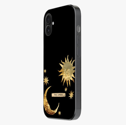 Golden Celestial Charm Glass Case photographed in natural light showing reflective finish and design depth.