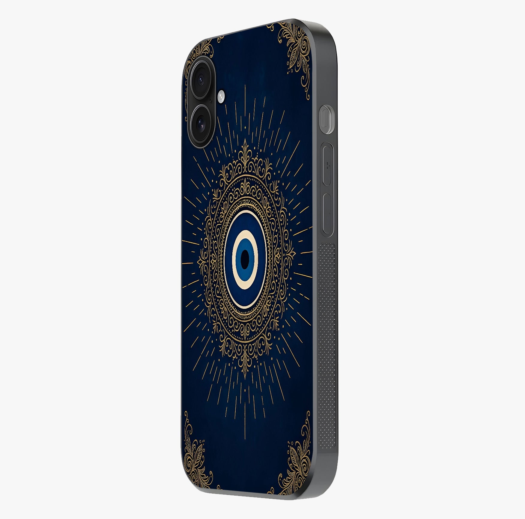 Golden Evil Eye Mandala Glass Case photographed in natural light showing reflective finish and design depth.