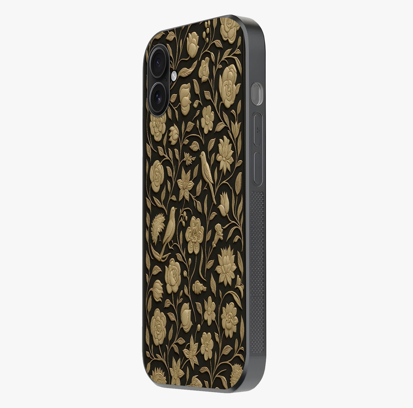 Golden Floral Majesty Glass Case photographed in natural light showing reflective finish and design depth.