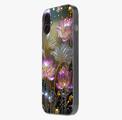 Golden Lotus Glow Glass Case photographed in natural light showing reflective finish and design depth.